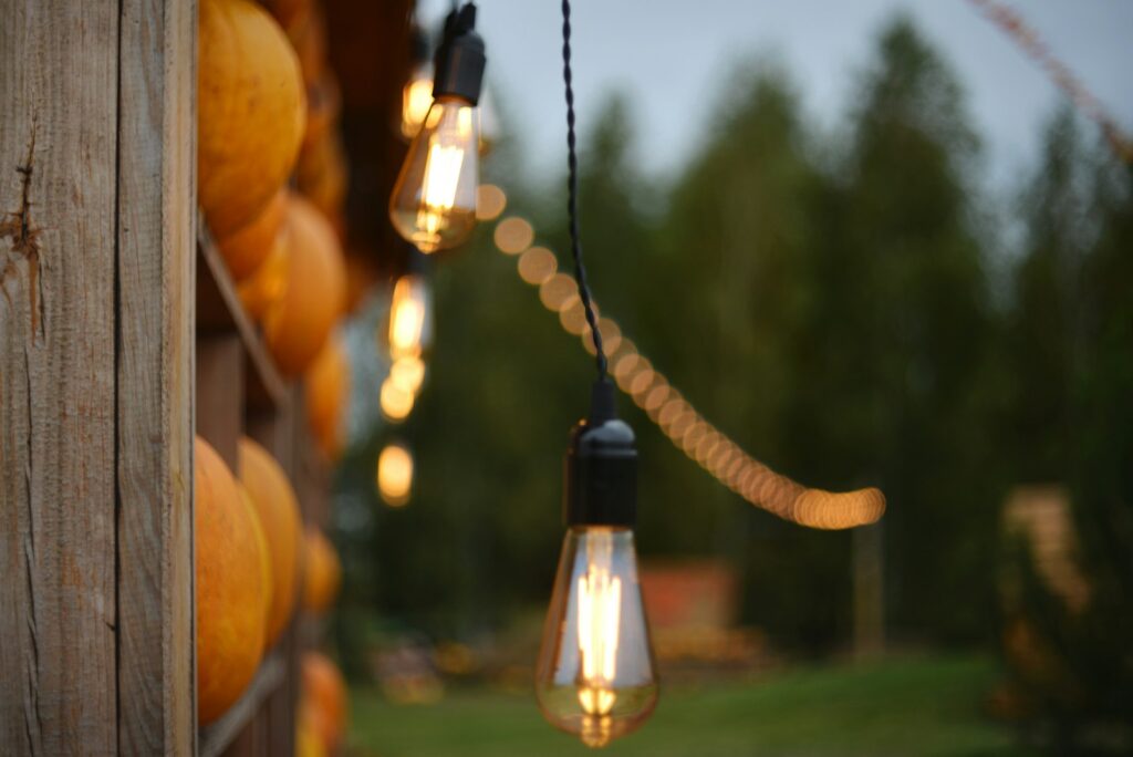 Illustrative Halloween image with pumpkins and outdoor lights